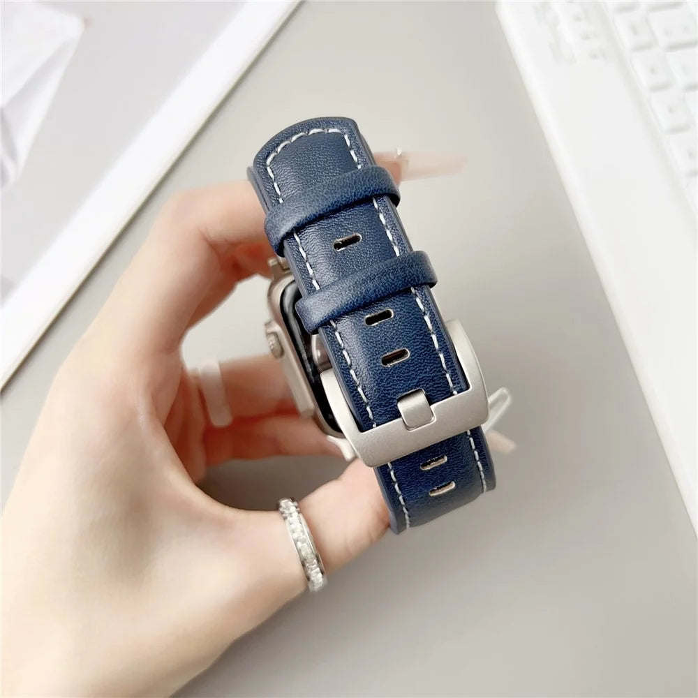 Leather Watch Band For Apple Watch Series 11 10 42mm / 9 8 7 41mm / SE3 SE2 SE 6 5 4 40mm / 3 2 1 38mm Crazy Horse Texture Wrist Strap - Dark Blue - 6