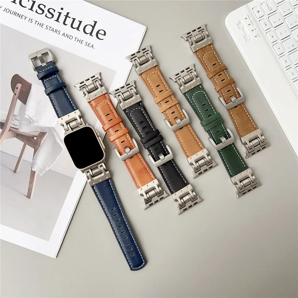 Leather Watch Band For Apple Watch Series 11 10 42mm / 9 8 7 41mm / SE3 SE2 SE 6 5 4 40mm / 3 2 1 38mm Crazy Horse Texture Wrist Strap - Dark Blue - 7
