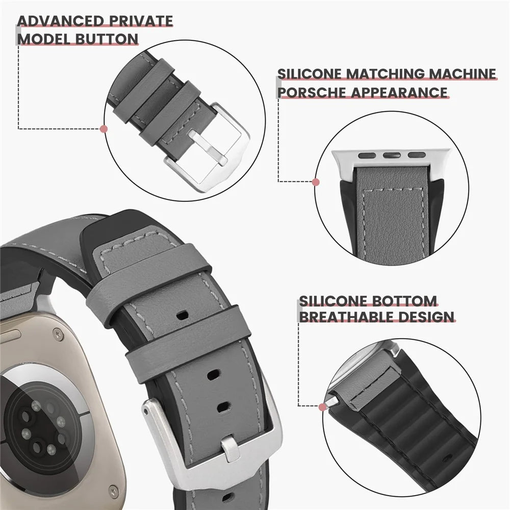 Wrist Strap for Apple Watch Series 11 10 42mm / 9 87 41mm / SE3 SE2 SE 6 5 4 40mm / 3 2 1 38mm Silicone + Leather Covered Watch Band - Dark Grey - 5