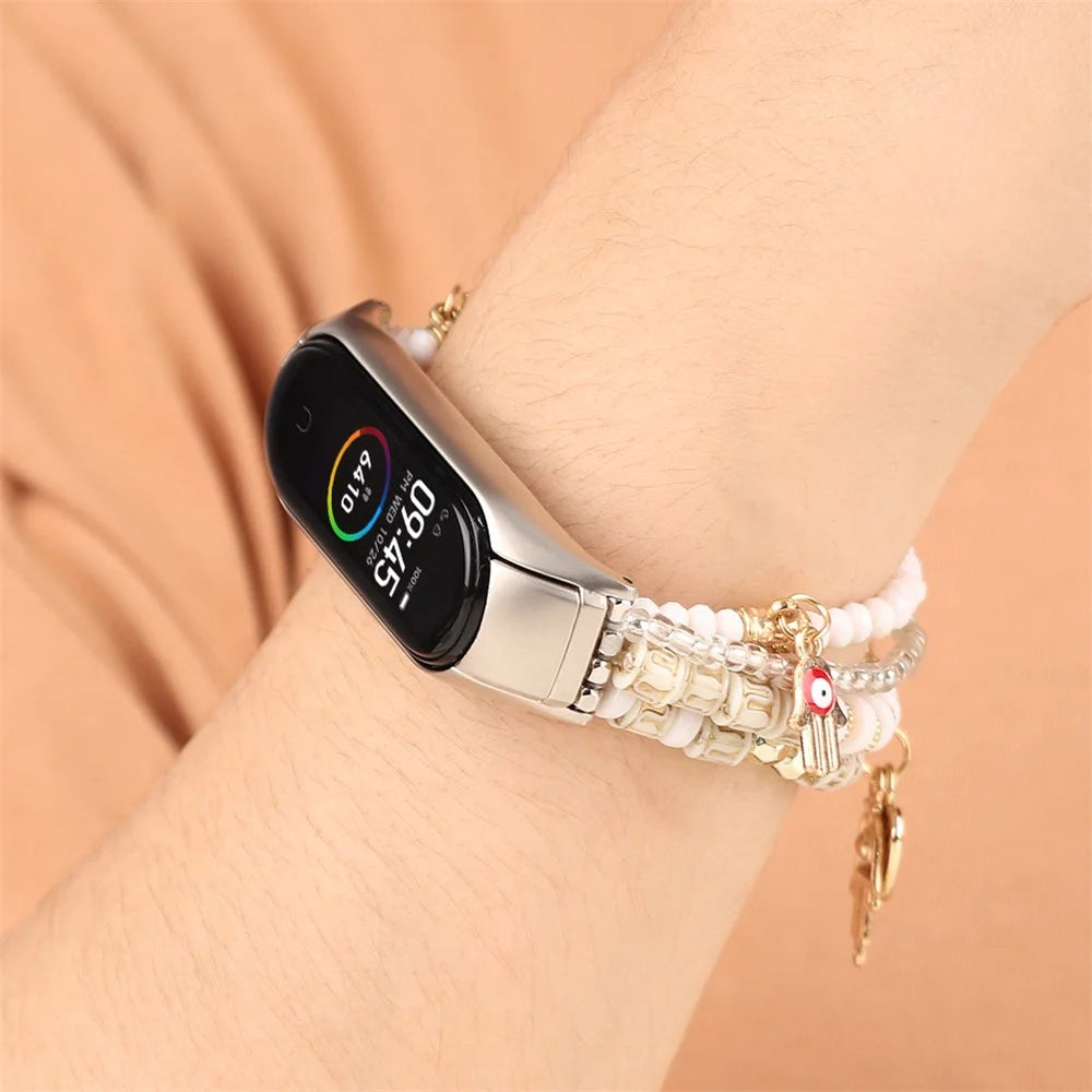 For Xiaomi Smart Band 9 / 8 Watch Strap Beaded Bracelet Wrist Band with Protective Case - White - 4