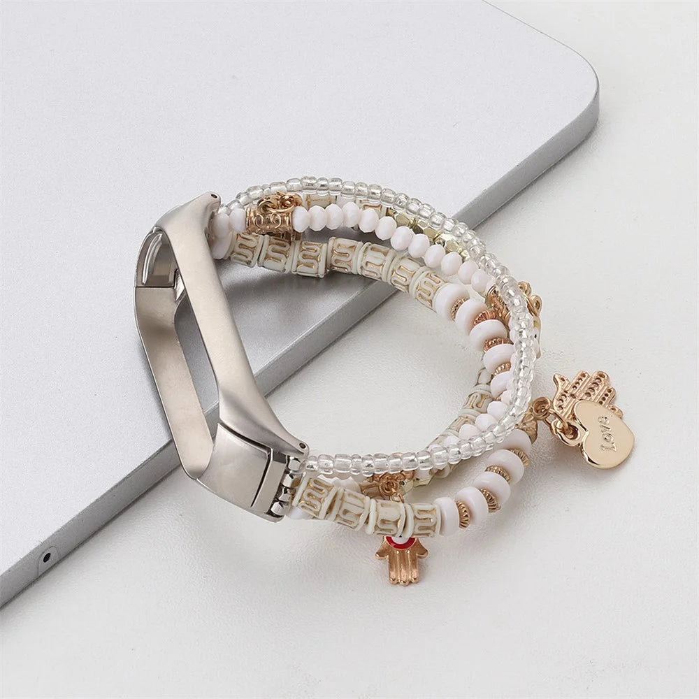 For Xiaomi Smart Band 9 / 8 Watch Strap Beaded Bracelet Wrist Band with Protective Case - White - 7