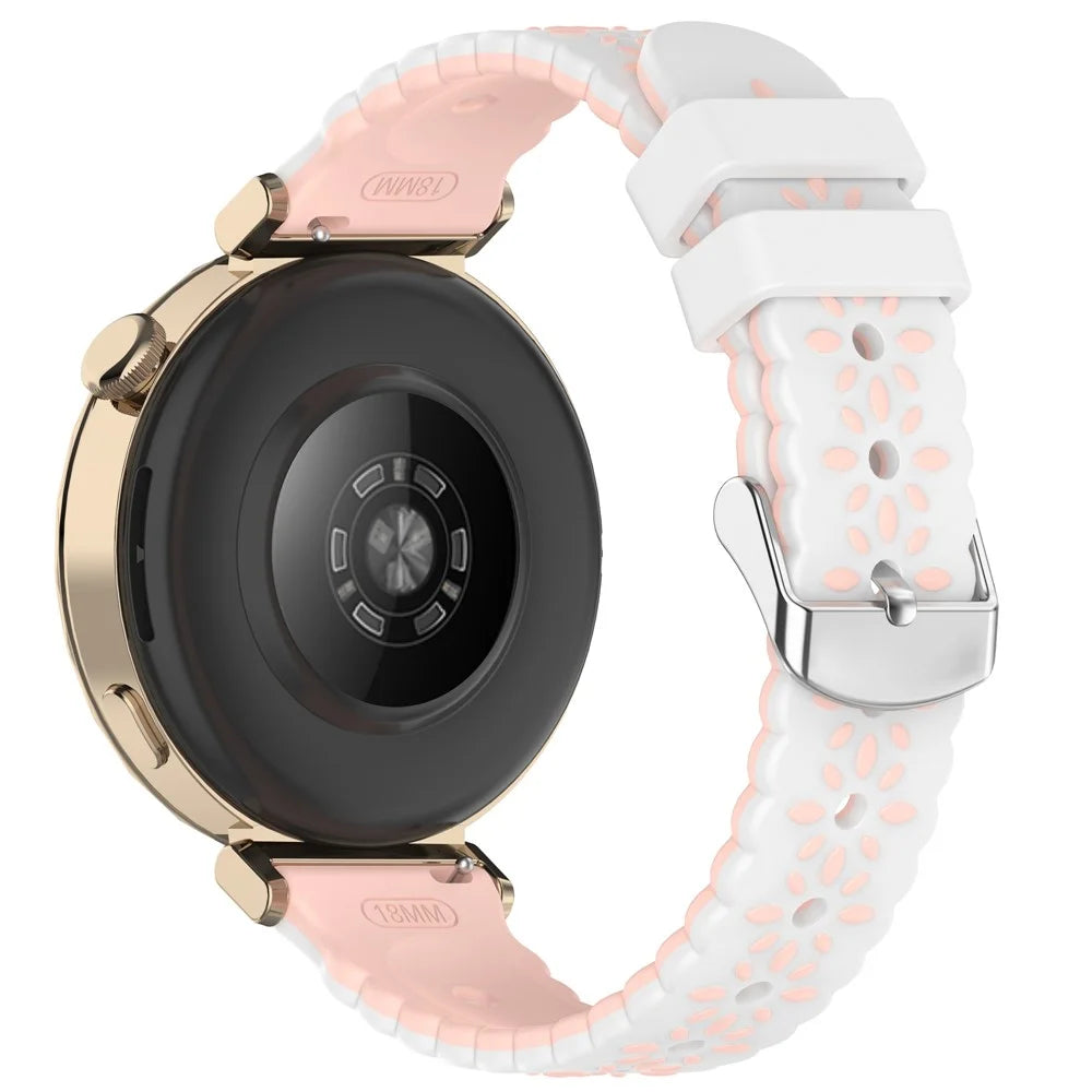18mm Silicone Strap for Huawei Watch GT 5 Pro 42mm / 5 41mm / 4 41mm Sunflower Pattern Dual Color Watch Band - White / Pink - 1