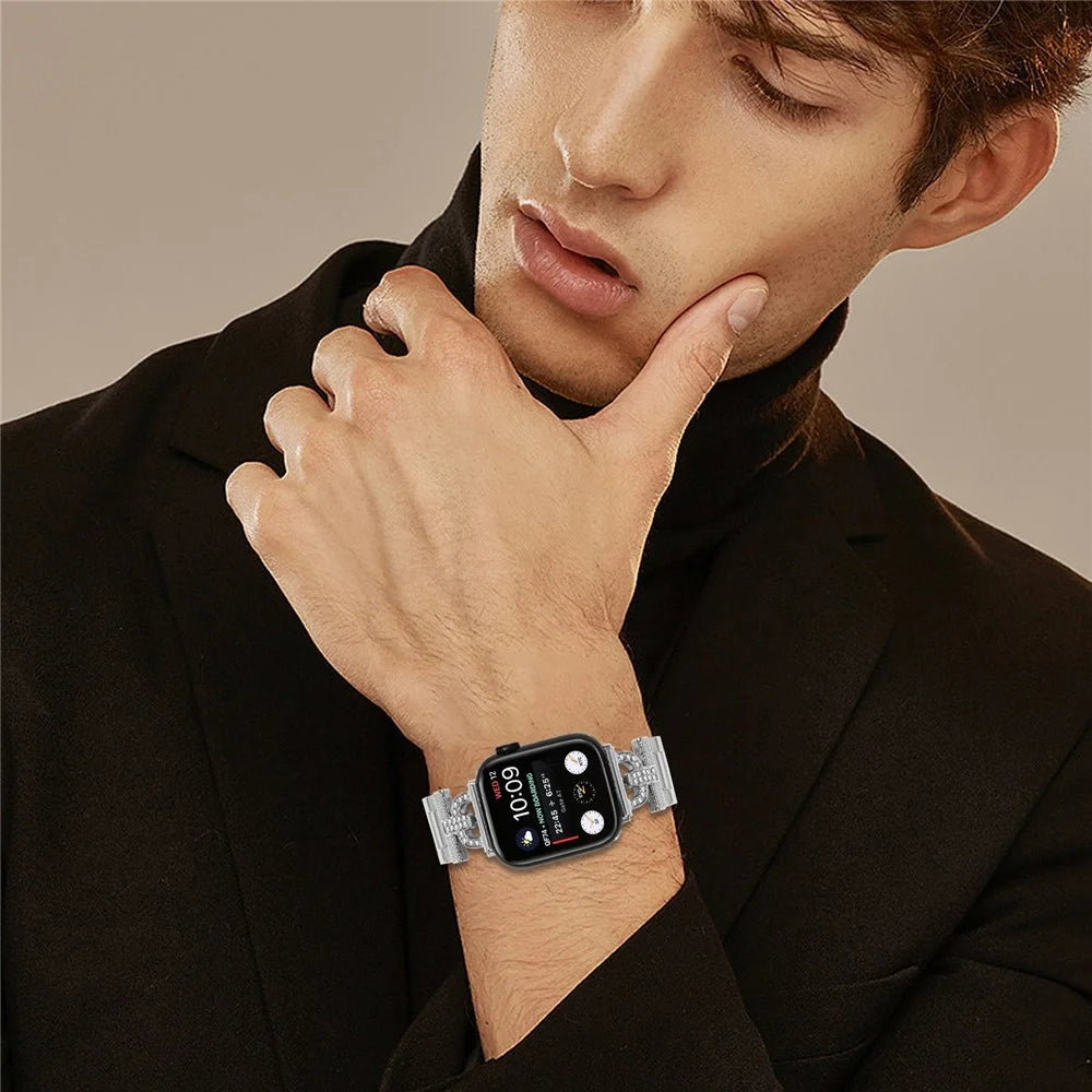Watch Strap for Apple Watch Series 11 10 42mm / 9 8 7 41mm / SE3 SE2 SE 6 5 4 40mm / 3 2 1 38mm D-Shape Rhinestones Decor 3-Bead Silver Metal Band - 5