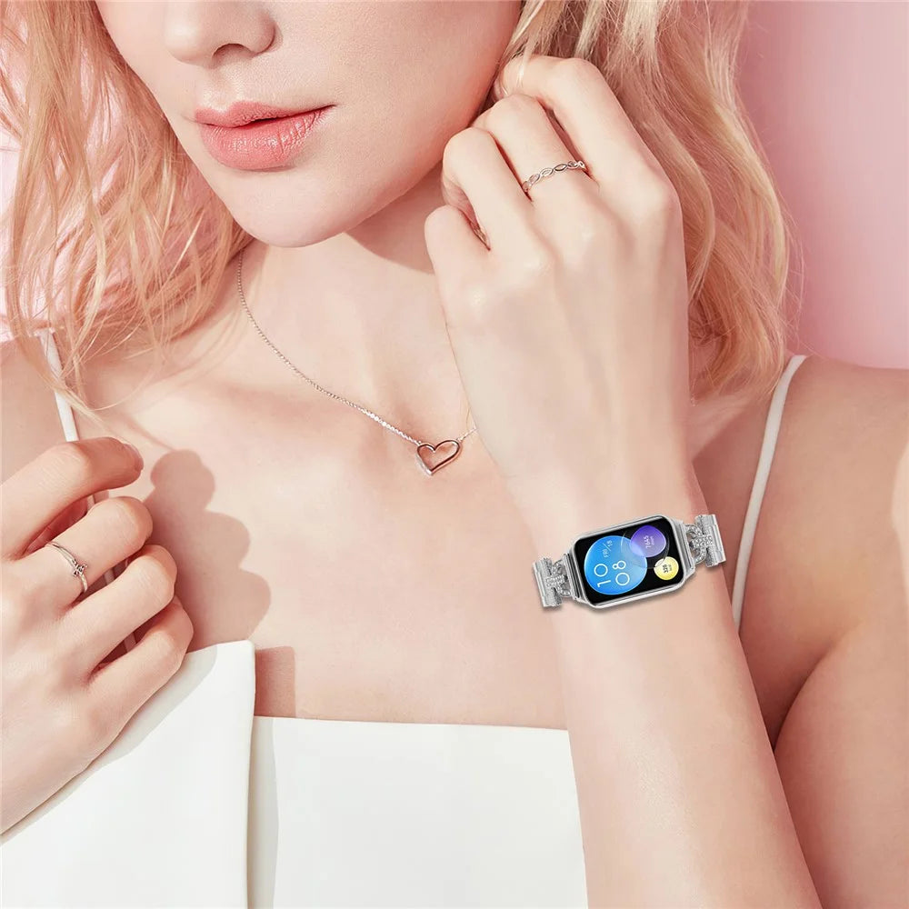 Watch Strap for Xiaomi Smart Band 10 Pro / 9 Pro / 8 Pro / Redmi Watch 6 / 5 / 4 Silver Metal Band D-Shape Rhinestones Decor 3-Bead - 4