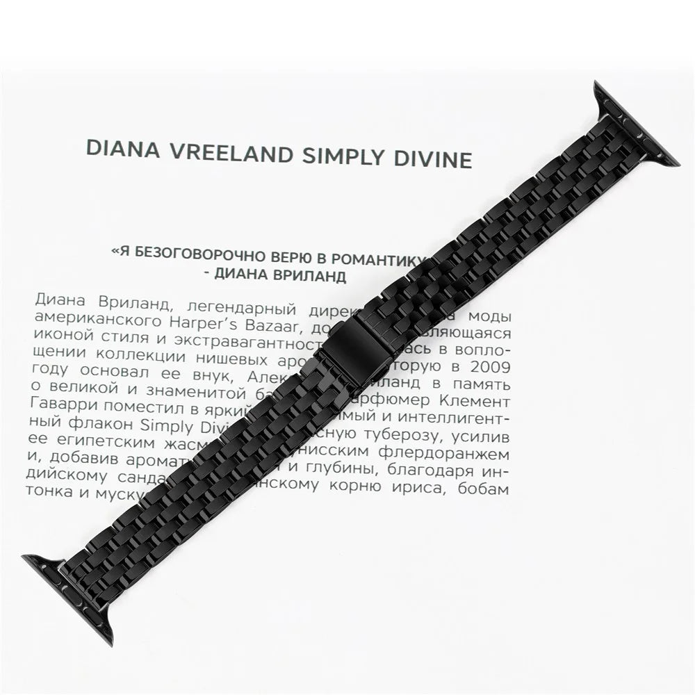 Watch Band For Apple Watch Series 11 10 42mm / 9 8 7 41mm / SE3 SE2 SE 6 5 4 40mm / 3 2 1 38mm Slim Five-Bead Stainless Steel Black Strap - 5