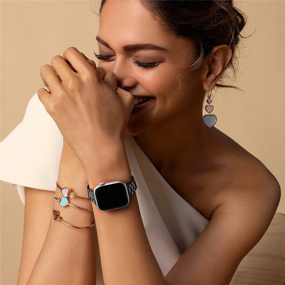 Black Strap for Apple Watch Series 11 10 42mm / 9 8 7 41mm / SE3 SE2 SE 6 5 4 40mm / 3 2 1 38mm Slim 3-Beads Metal Watch Band - 5