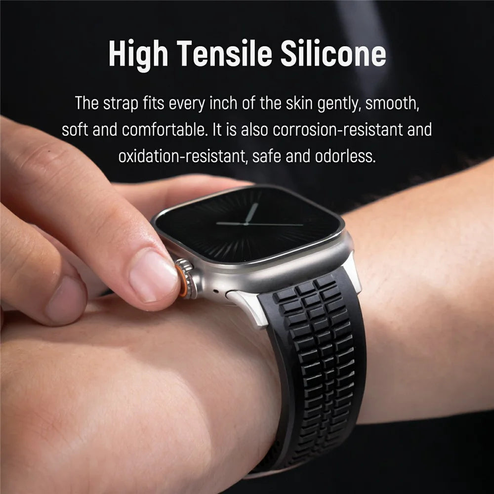 Watch Strap for Apple Watch Ultra 3 2 1 49mm / Series 11 10 46mm / 9 8 7 45mm / SE3 SE2 SE 6 5 4 44mm / 3 2 1 42mm Folding Buckle Silicone Band - Titanium / Black - 6
