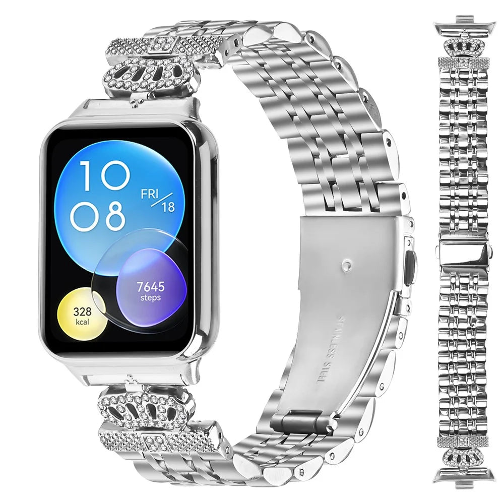 For Xiaomi Smart Band 10 Pro / 9 Pro / 8 Pro / Redmi Watch 6 / 5 / 4 Watch Band 7-Bead Rhinestone Crown Stainless Steel Strap Silver - 2