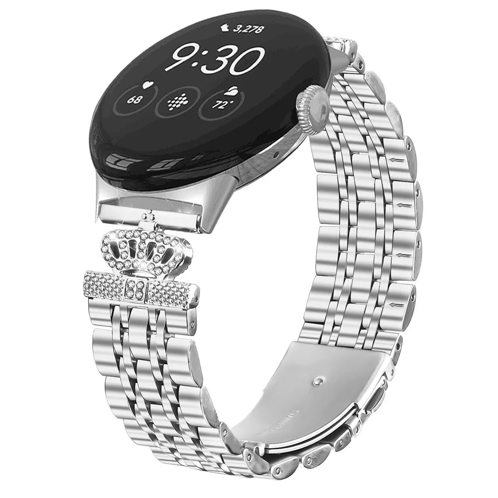 For Google Pixel Watch 4 41mm / Watch 3 41mm / Watch 2 / Watch 7-Bead Rhinestone Crown Stainless Steel Strap Silver - 3