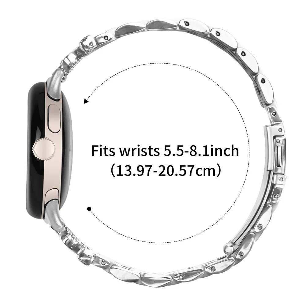 For Google Pixel Watch 4 41mm / Watch 3 41mm / Watch 2 / Watch 7-Bead Rhinestone Crown Stainless Steel Strap Silver - 7