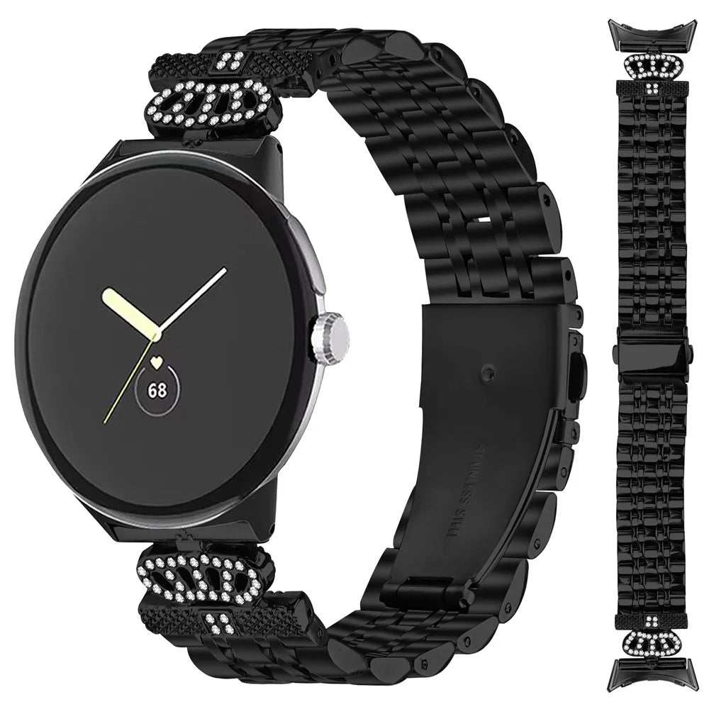 For Google Pixel Watch 4 41mm / Watch 3 41mm / Watch 2 / Watch 7-Bead Rhinestone Crown Stainless Steel Strap - Black - 2