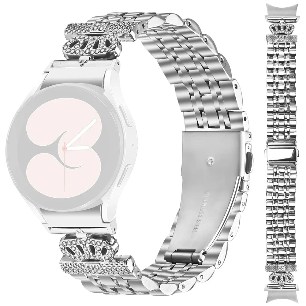 Watch Band with Connector For Samsung Galaxy Watch7 44mm / 40mm 7-Bead Rhinestone Crown Stainless Steel Strap Silver - 1