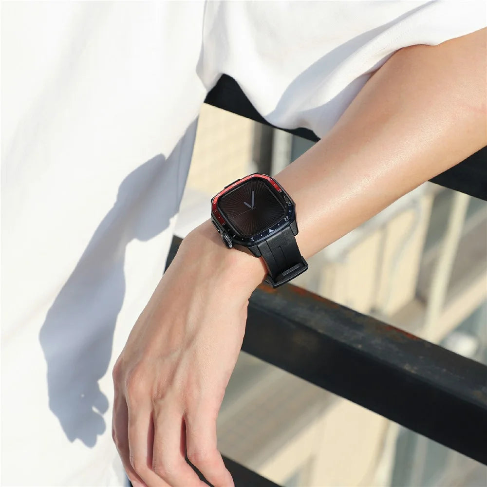 For Apple Watch Series 10 46mm Integrated Silicone Watch Band with Metal Watch Case Cover - Black / Red - 5