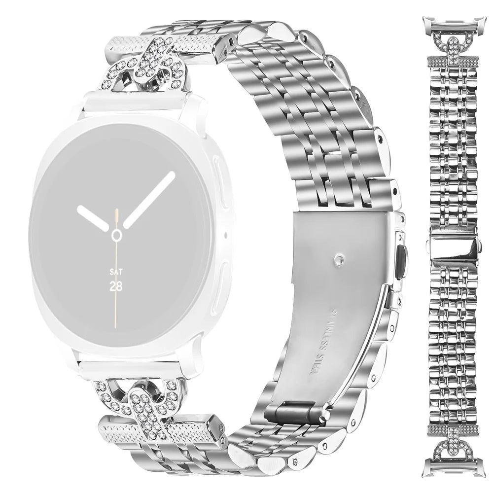 For Samsung Galaxy Watch Ultra2 47mm / Watch Ultra (2025) 47mm / Watch Ultra 47mm Watch Band 7-Bead D-Shape Rhinestones Decor Silver Stainless Steel Strap - 1