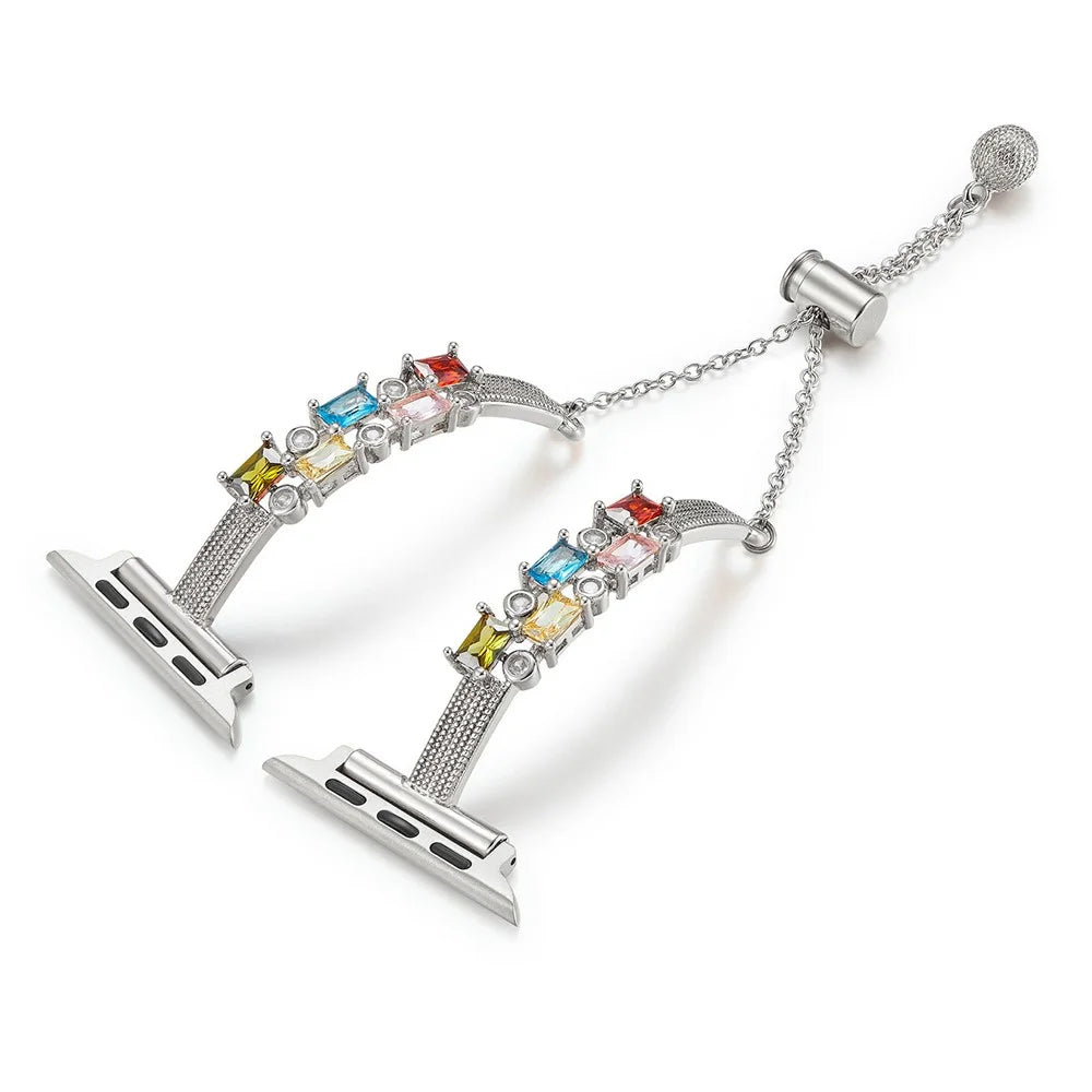 Colored Square Rhinestones Watch Band for Apple Watch Series 11 10 42mm / 9 8 7 41mm / SE3 SE2 SE 6 5 4 40mm / 3 2 1 38mm Drawstring Metal Strap - Silver - 1