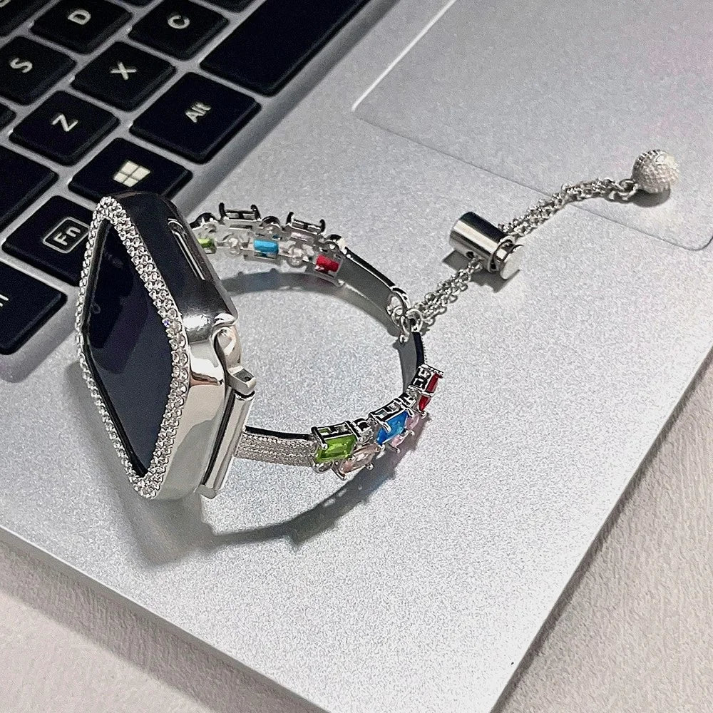 Colored Square Rhinestones Watch Band for Apple Watch Series 11 10 42mm / 9 8 7 41mm / SE3 SE2 SE 6 5 4 40mm / 3 2 1 38mm Drawstring Metal Strap - Silver - 6