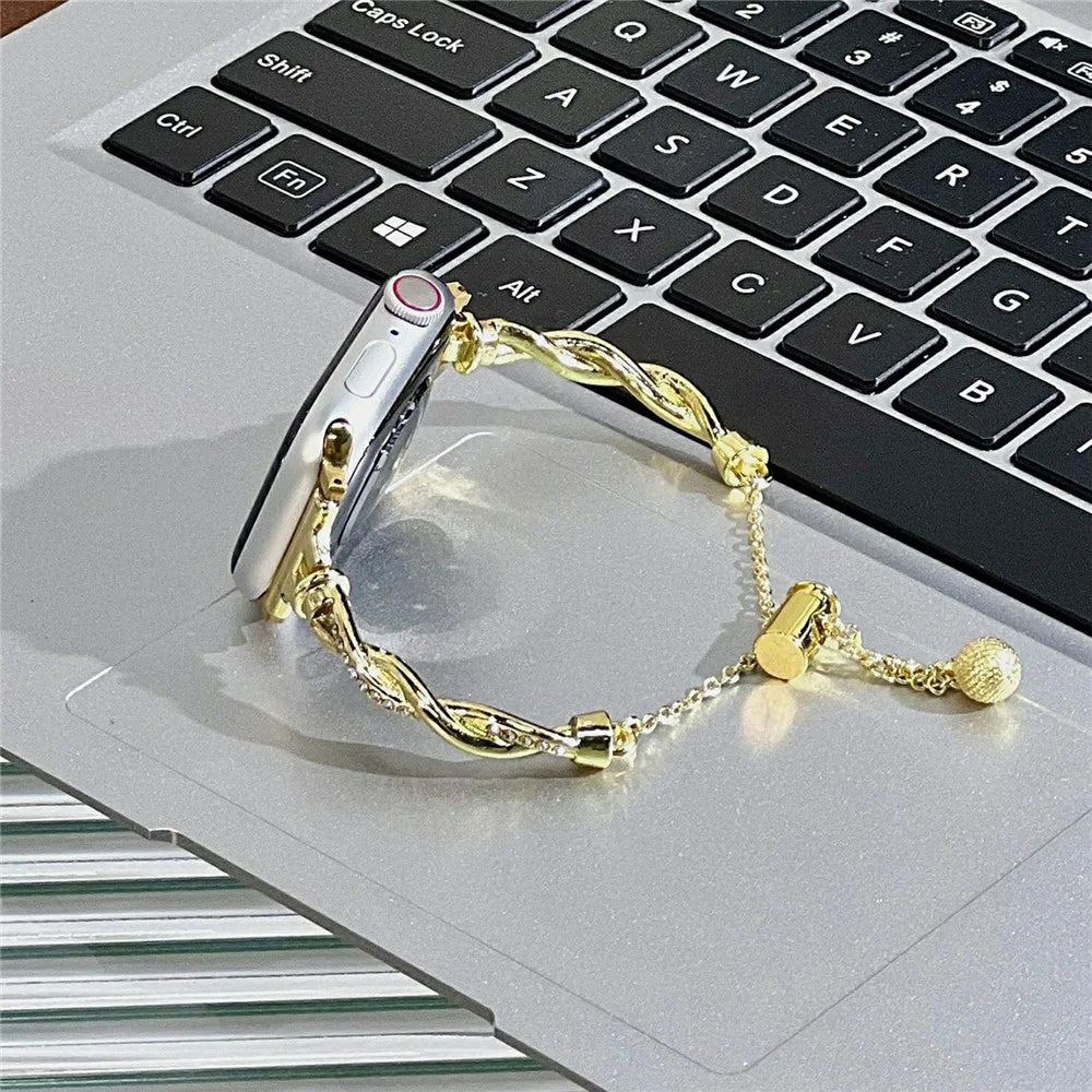Metal Strap for Apple Watch Series 11 10 42mm / 9 8 7 41mm / SE3 SE2 SE 6 5 4 40mm / 3 2 1 38mm Drawstring Design Watch Band Rhinestone Decorated - Gold - 5