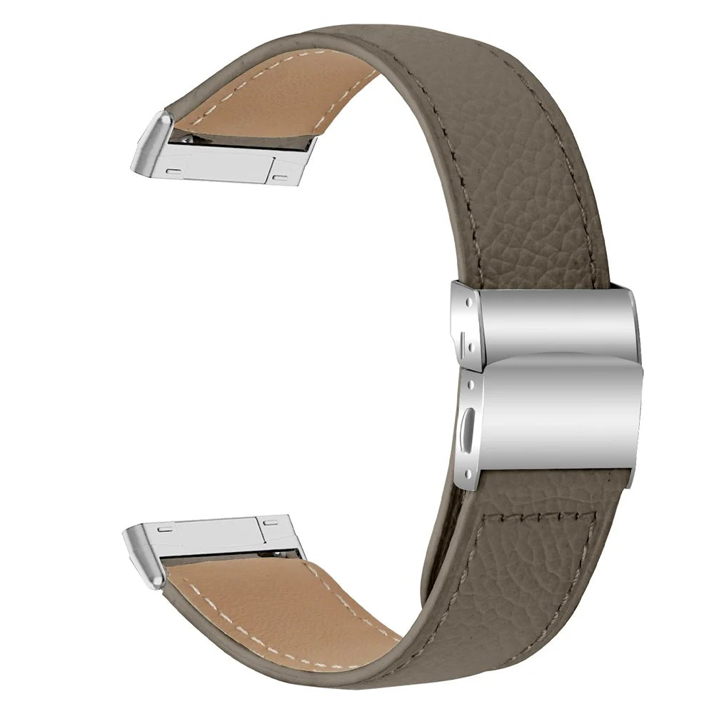 For Fitbit Versa 3 / Sense Genuine Leather Watch Band with Silver Connector Turtle Back Buckle Wrist Strap - Grey - 1
