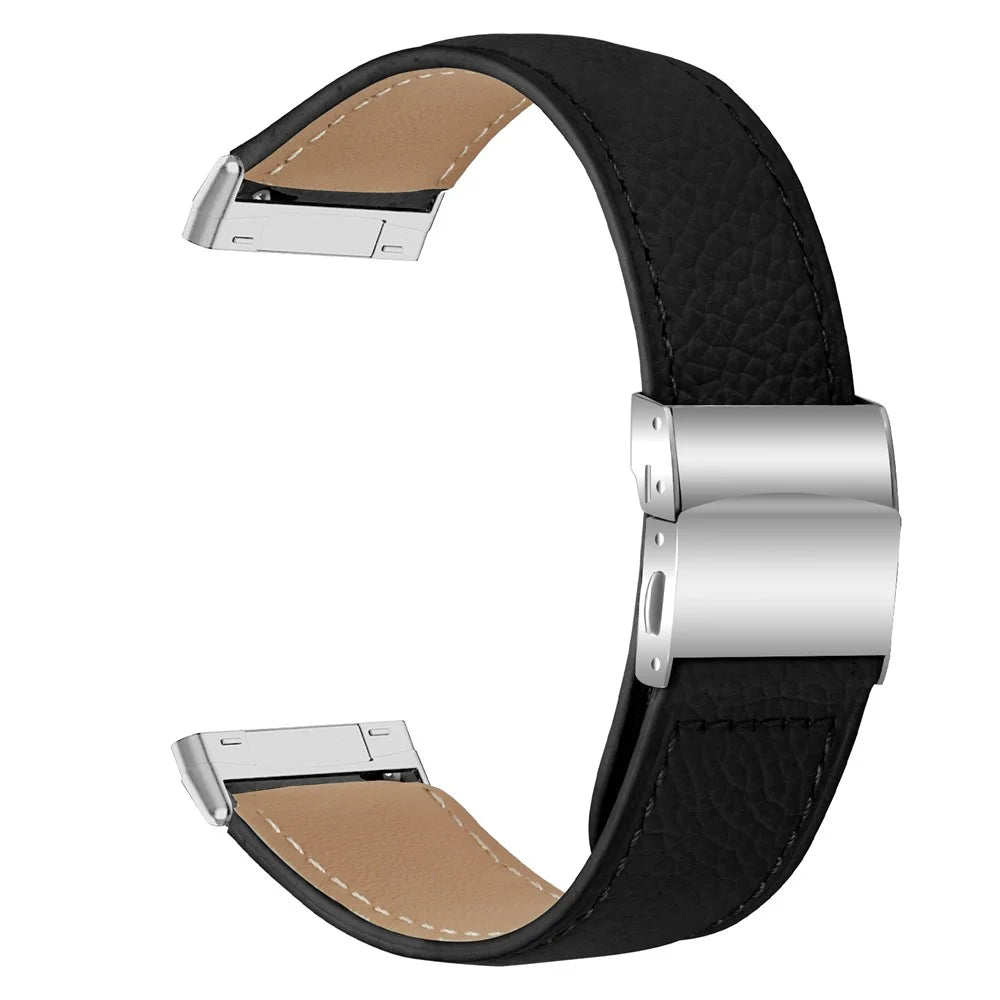 For Fitbit Versa 4 / Sense 2 Genuine Leather Watch Band with Silver Connector Turtle Back Buckle Wrist Strap - Black - 1