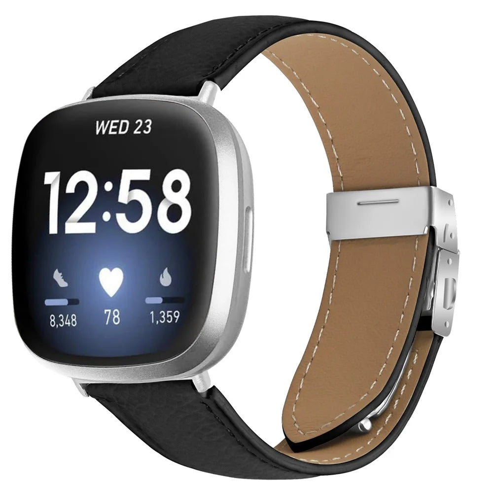 For Fitbit Versa 4 / Sense 2 Genuine Leather Watch Band with Silver Connector Turtle Back Buckle Wrist Strap - Black - 2