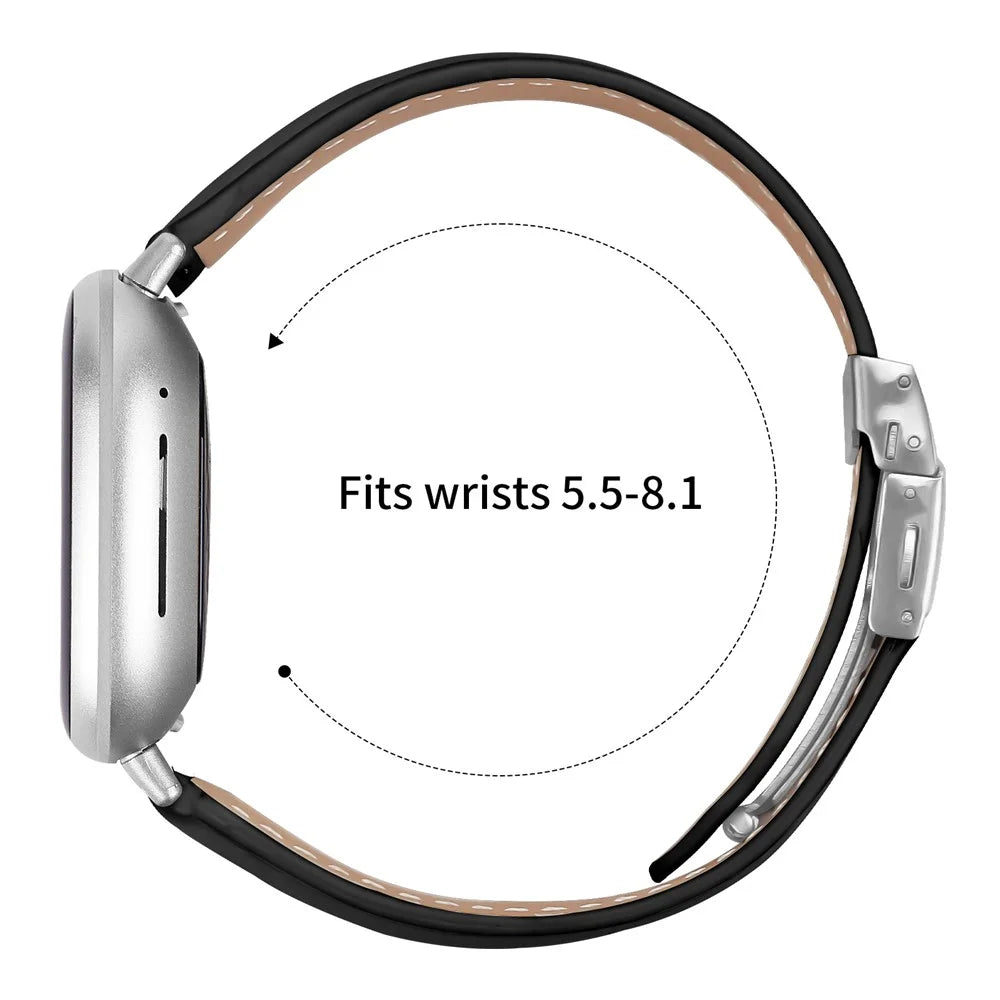 For Fitbit Versa 4 / Sense 2 Genuine Leather Watch Band with Silver Connector Turtle Back Buckle Wrist Strap - Black - 6