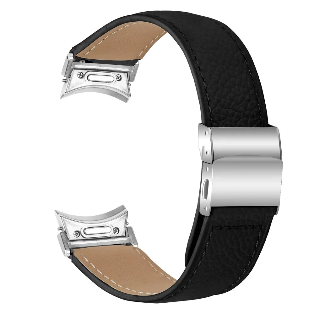 Wrist Strap with Silver Quick Release Connector For Samsung Galaxy Watch4 / Watch5 40mm / 44mm / 45mm Genuine Leather Watch Band - Black - 1