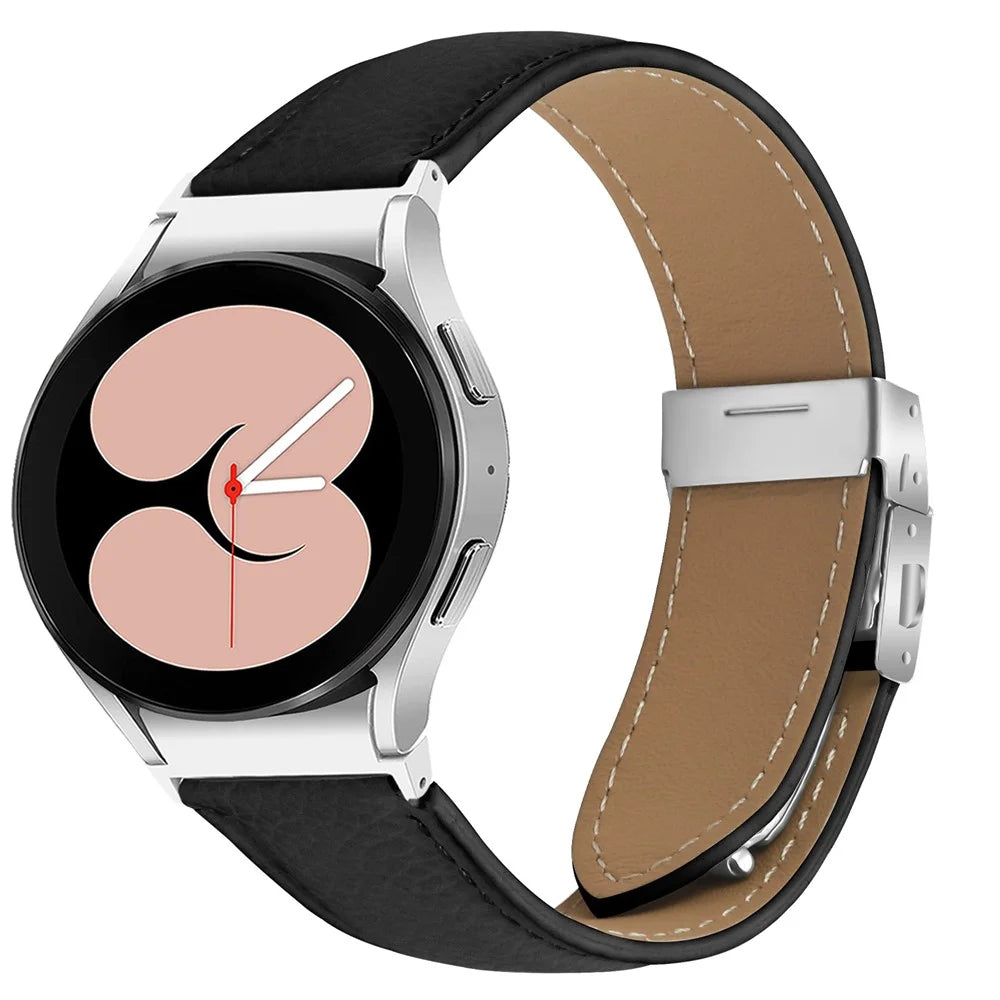 Wrist Strap with Silver Quick Release Connector For Samsung Galaxy Watch4 / Watch5 40mm / 44mm / 45mm Genuine Leather Watch Band - Black - 2