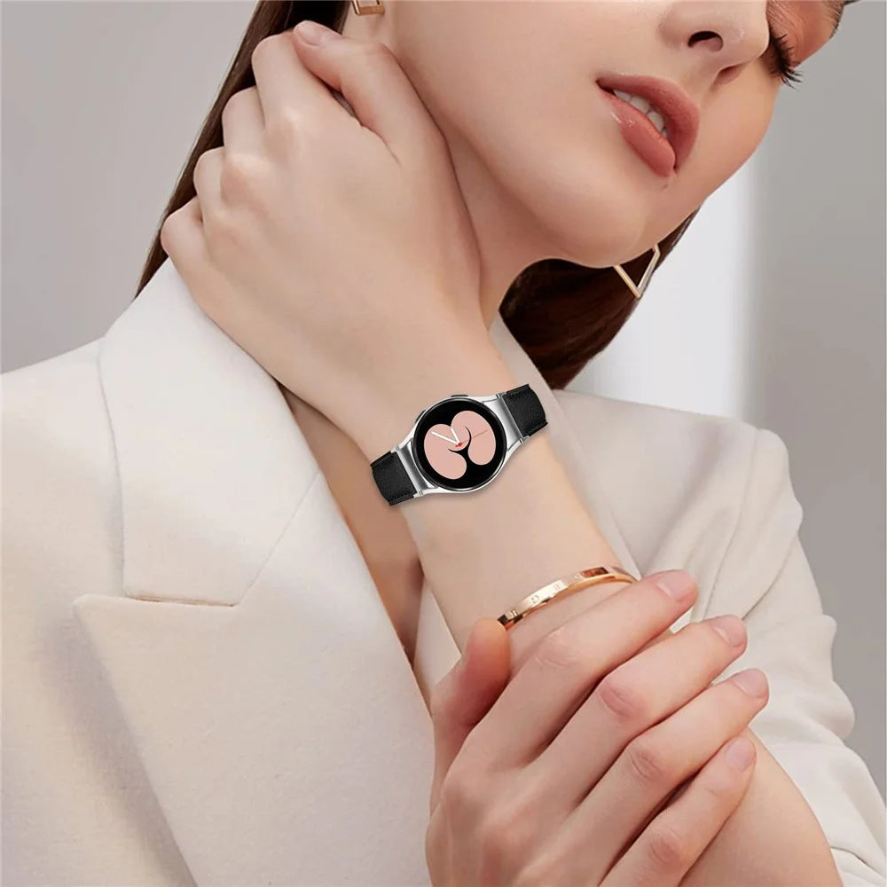 Wrist Strap with Silver Quick Release Connector For Samsung Galaxy Watch4 / Watch5 40mm / 44mm / 45mm Genuine Leather Watch Band - Black - 3