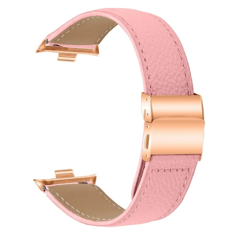 For Xiaomi Smart Band 10 Pro / 9 Pro / 8 Pro / Redmi Watch 6 / 5 / 4 Genuine Leather Watch Band with Rose Gold Connector Turtle Back Buckle - Pink - 1