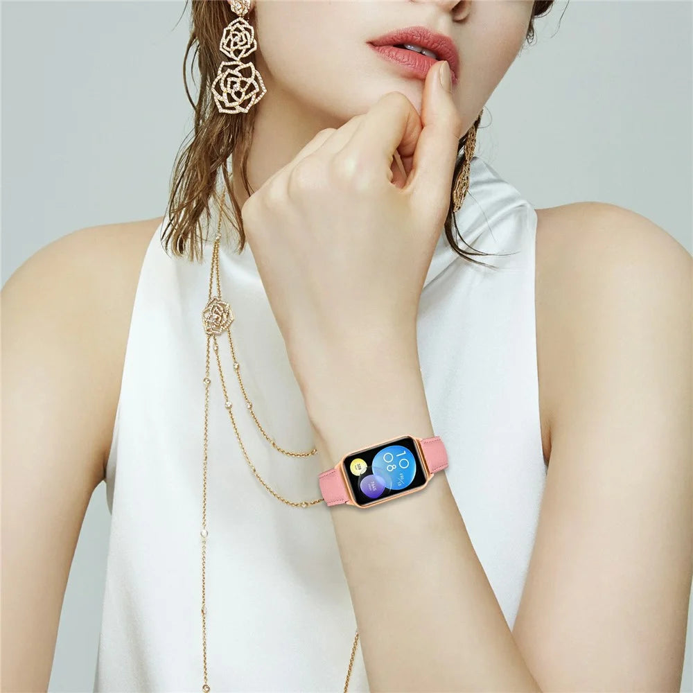 For Xiaomi Smart Band 10 Pro / 9 Pro / 8 Pro / Redmi Watch 6 / 5 / 4 Genuine Leather Watch Band with Rose Gold Connector Turtle Back Buckle - Pink - 4