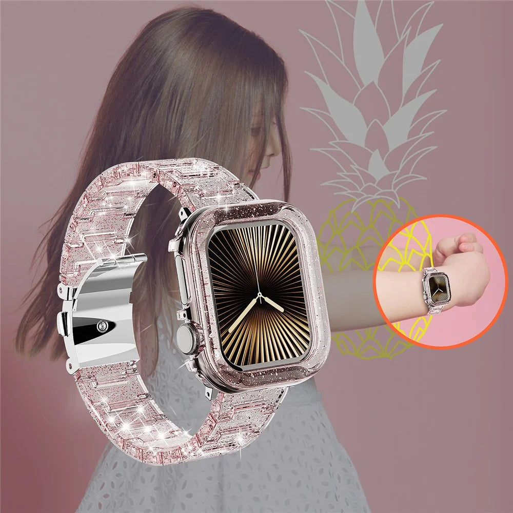 For Apple Watch SE3 SE2 SE 6 5 4 44mm Band Stylish PC Epoxy Resin Smartwatch Strap + Watch Case - Pink - 4