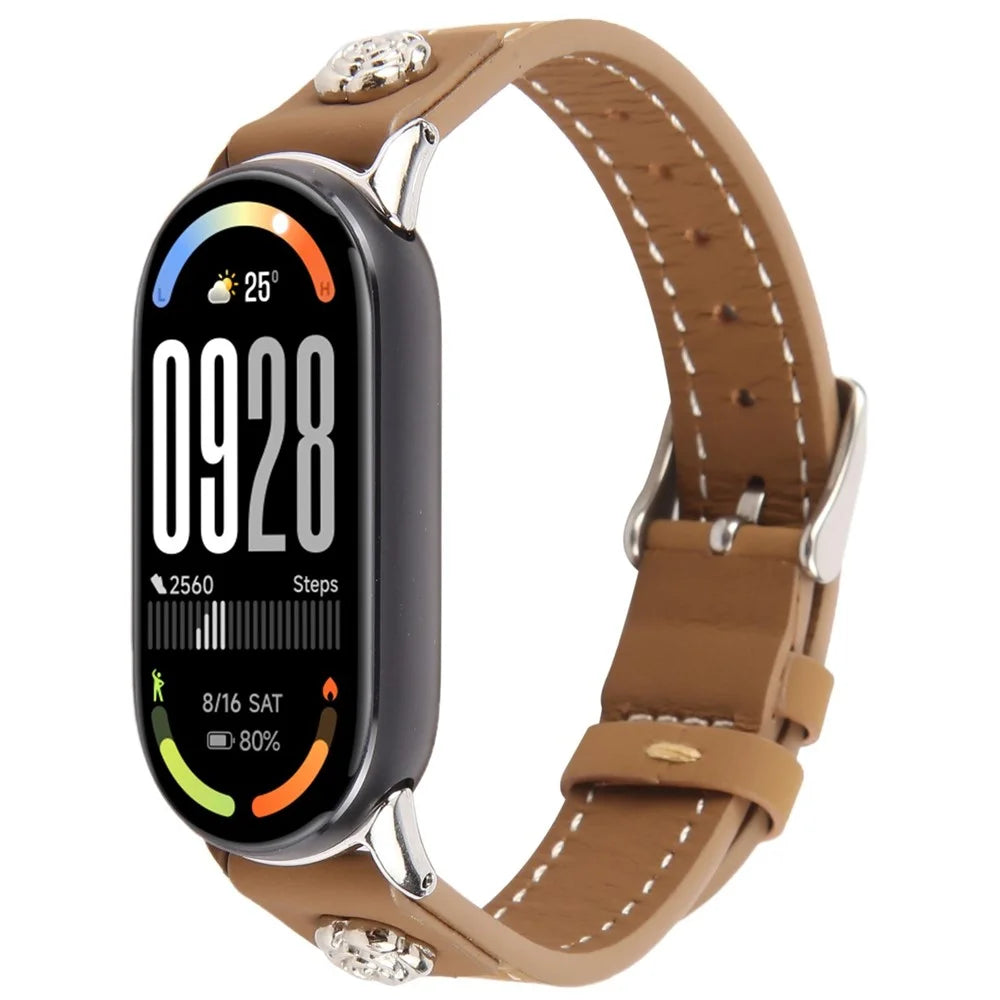 Watch Strap For Xiaomi Smart Band 10 / 9 / 9 NFC / 8 , Camellia Rivets Microfiber Leather Band Bracelet - Brown - 2