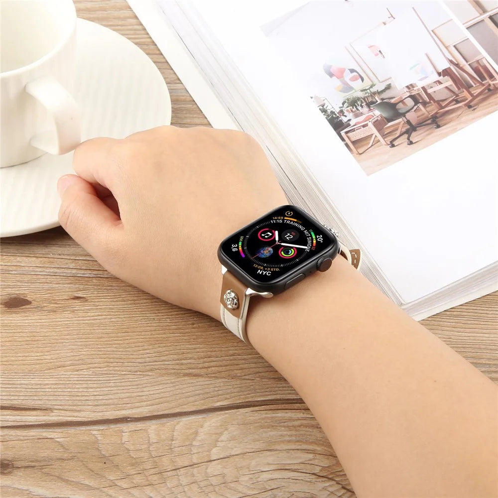 Watch Strap For Apple Watch Ultra 3 2 1 49mm / Series 11 10 46mm / 9 8 7 45mm / SE3 SE2 SE 6 5 4 44mm / 3 2 1 42mm , Camellia Rivets Microfiber Leather Band Bracelet - White - 5