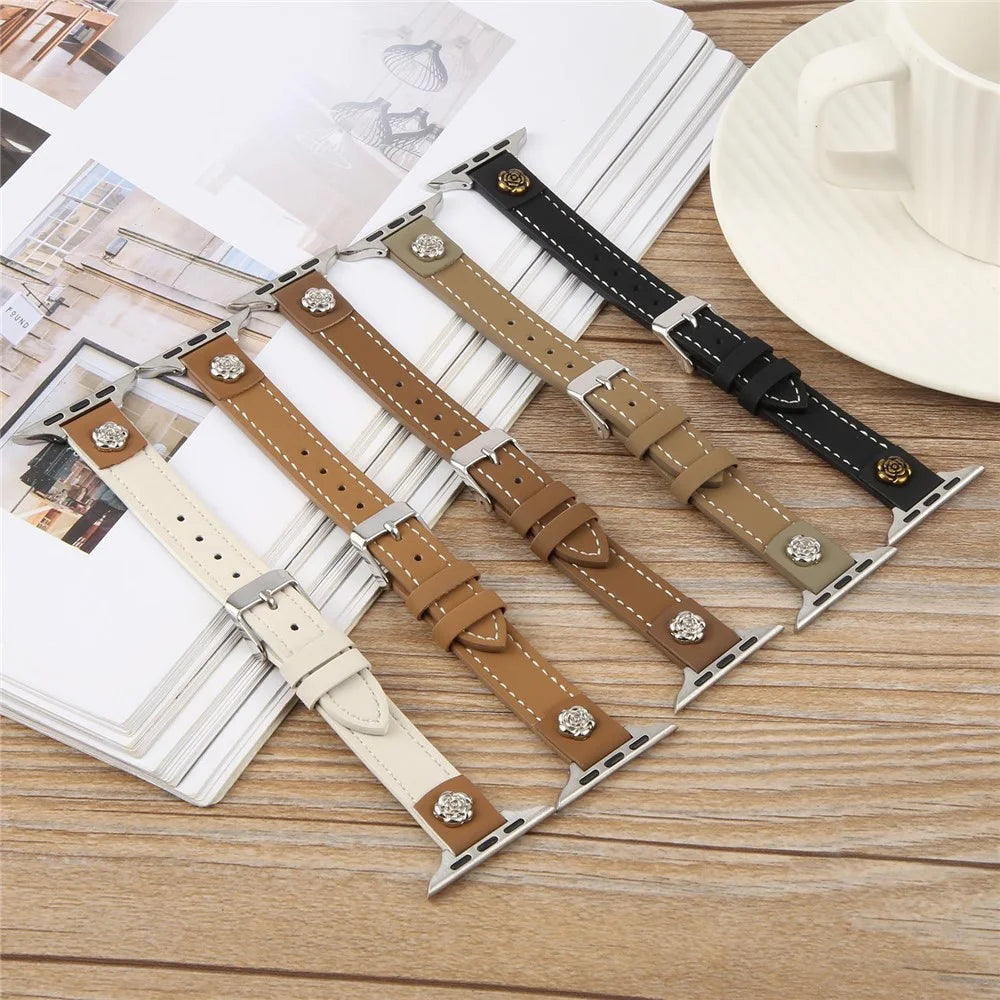 Watch Strap For Apple Watch Ultra 3 2 1 49mm / Series 11 10 46mm / 9 8 7 45mm / SE3 SE2 SE 6 5 4 44mm / 3 2 1 42mm , Camellia Rivets Microfiber Leather Band Bracelet - White - 6