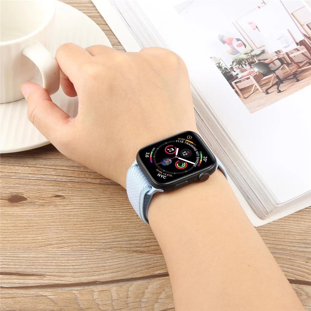 Watch Band For Apple Watch Series 11 10 42mm / 9 8 7 41mm / SE3 SE2 SE 6 5 4 40mm / 3 2 1 38mm , Breathable Nylon Strap with Magnetic Buckle - Sky Blue + White - 5