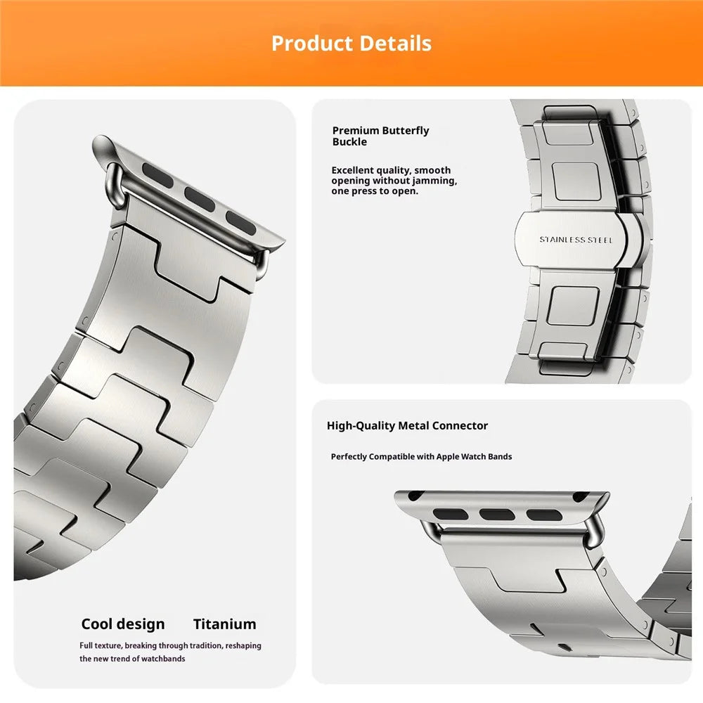 Watch Strap For Apple Watch Ultra 3 2 1 49mm / Series 11 10 46mm / 9 8 7 45mm / SE3 SE2 SE 6 5 4 44mm / 3 2 1 42mm H-Type Titanium Alloy Band with Butterfly Clasp - Titanium - 4