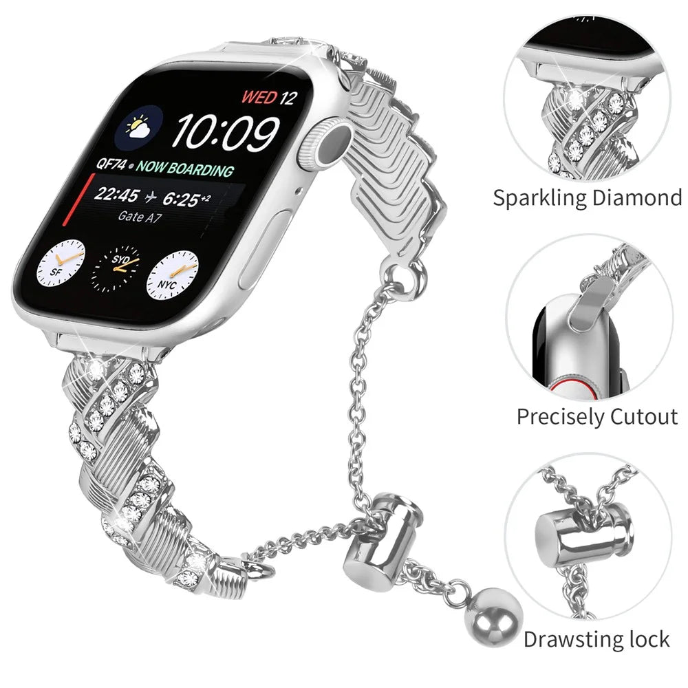 Watch Band For Apple Watch Series 11 10 42mm / 9 8 7 41mm / SE3 SE2 SE 6 5 4 40mm / 3 2 1 38mm , Drawstring Lock Zinc Alloy Rhinestone Decor Bracelet Strap - Silver - 3