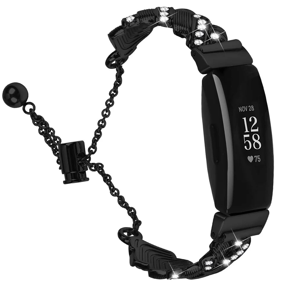 Watch Band For Fitbit Inspire / Inspire 2 / Inspire HR , Drawstring Lock Electroplated Zinc Alloy Rhinestone Decor Bracelet Strap - Black - 2