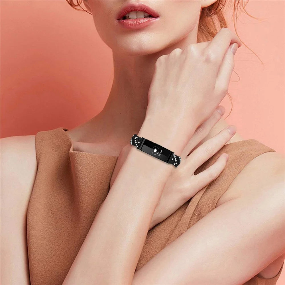 Watch Band For Fitbit Inspire / Inspire 2 / Inspire HR , Drawstring Lock Electroplated Zinc Alloy Rhinestone Decor Bracelet Strap - Black - 5