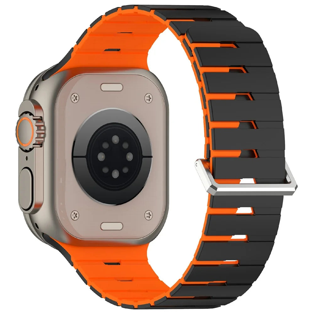 Harmonica Design Silicone Strap for Apple Watch Series 11 10 42mm / 9 8 7 41mm / SE3 SE2 SE 6 5 4 40mm / 3 2 1 38mm Dual Color Magnetic Watch Band - Black / Orange - 1