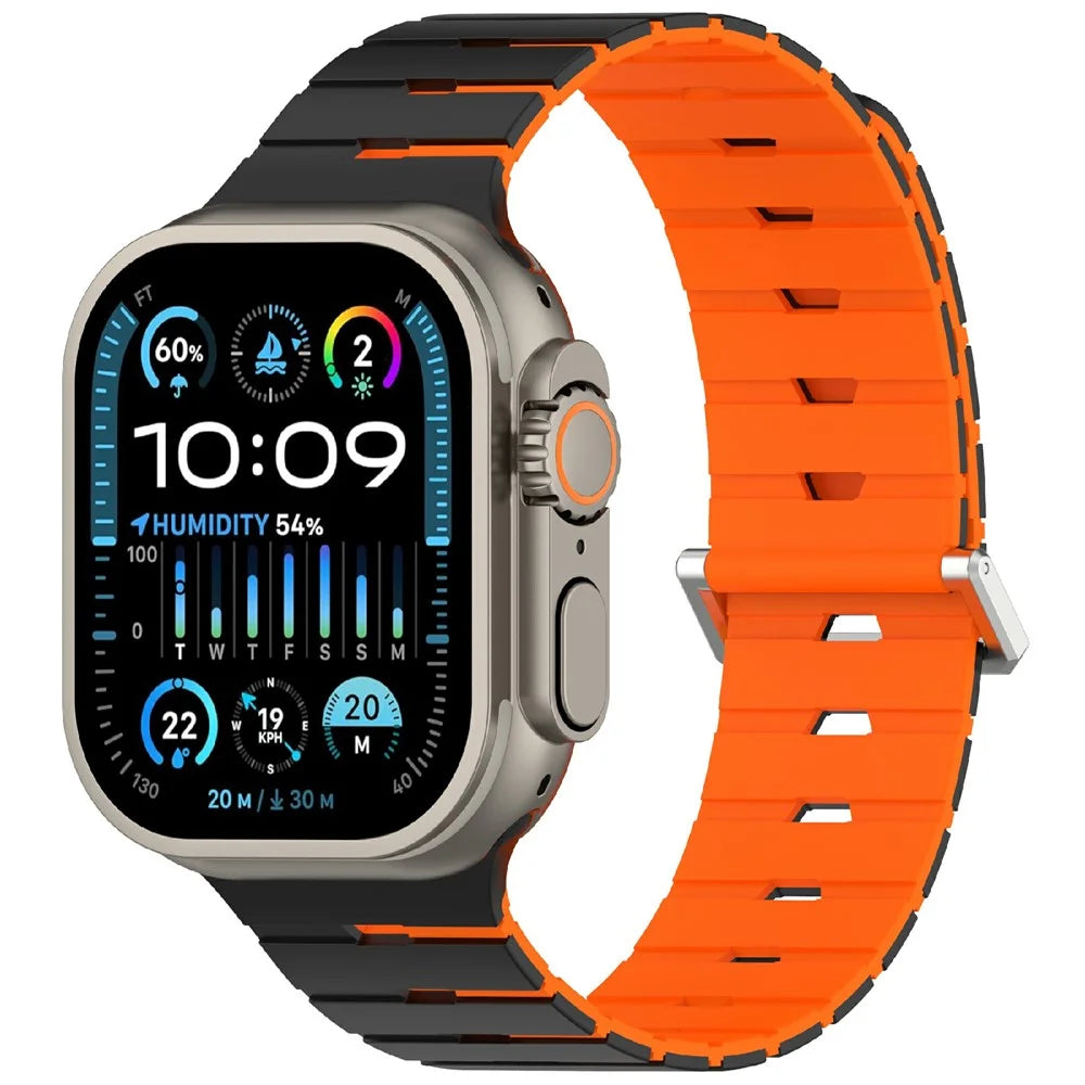 Harmonica Design Silicone Strap for Apple Watch Series 11 10 42mm / 9 8 7 41mm / SE3 SE2 SE 6 5 4 40mm / 3 2 1 38mm Dual Color Magnetic Watch Band - Black / Orange - 2