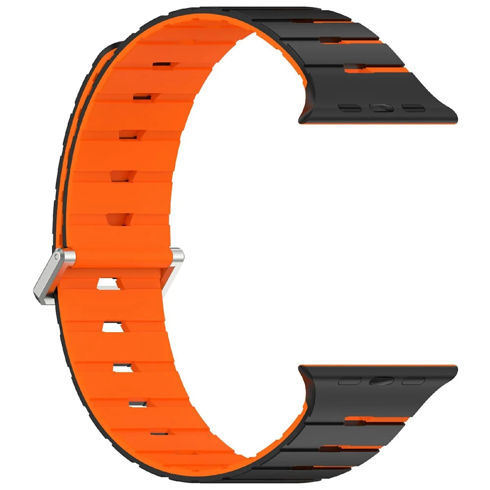 Harmonica Design Silicone Strap for Apple Watch Series 11 10 42mm / 9 8 7 41mm / SE3 SE2 SE 6 5 4 40mm / 3 2 1 38mm Dual Color Magnetic Watch Band - Black / Orange - 3