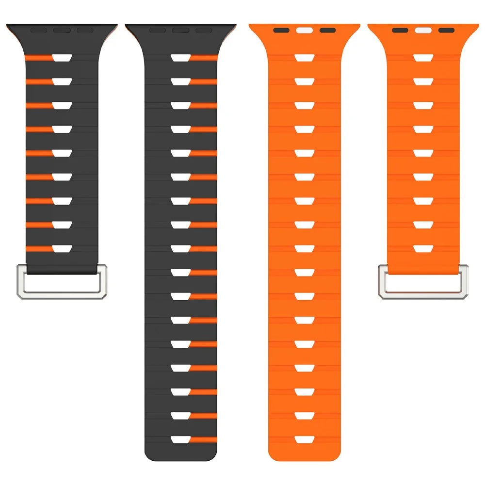 Harmonica Design Silicone Strap for Apple Watch Series 11 10 42mm / 9 8 7 41mm / SE3 SE2 SE 6 5 4 40mm / 3 2 1 38mm Dual Color Magnetic Watch Band - Black / Orange - 4