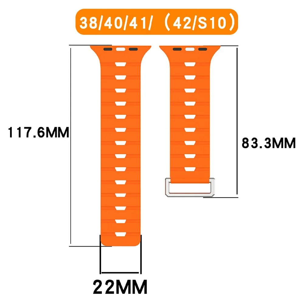 Harmonica Design Silicone Strap for Apple Watch Series 11 10 42mm / 9 8 7 41mm / SE3 SE2 SE 6 5 4 40mm / 3 2 1 38mm Dual Color Magnetic Watch Band - Black / Orange - 5