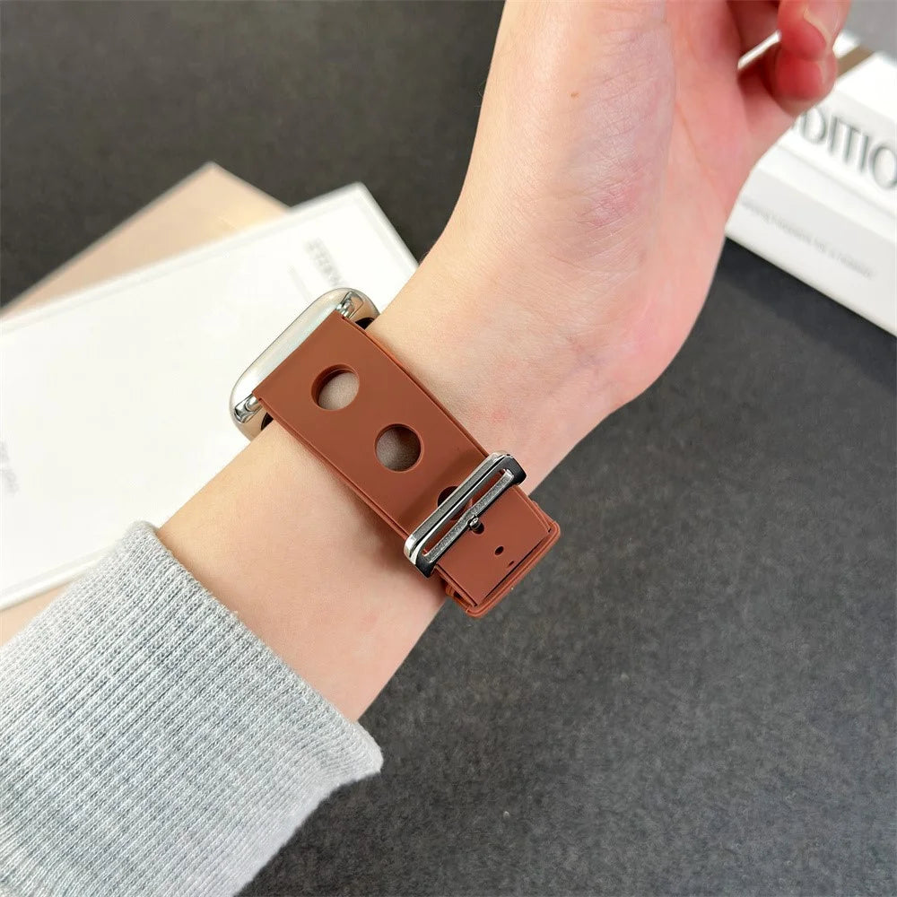 Silicone Watch Band for Apple Watch Series 11 10 42mm / 9 8 7 41mm / SE3 SE2 SE 6 5 4 40mm / 3 2 1 38mm Holes Design Strap - Brown - 5
