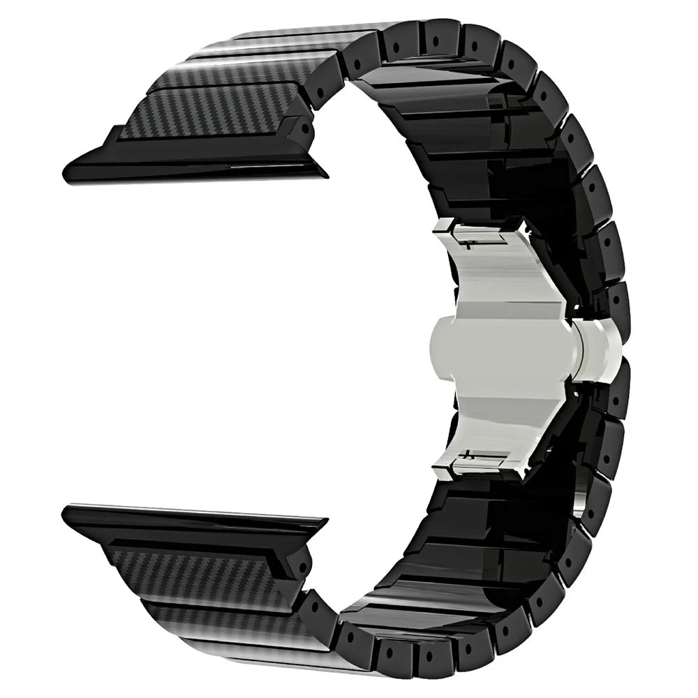 Bamboo Link Design PC Strap for Apple Watch Series 11 10 42mm / 9 8 7 41mm / SE3 SE2 SE 6 5 4 40mm / 3 2 1 38mm Slim Watch Band with Stainless Steel Buckle - Black - 1