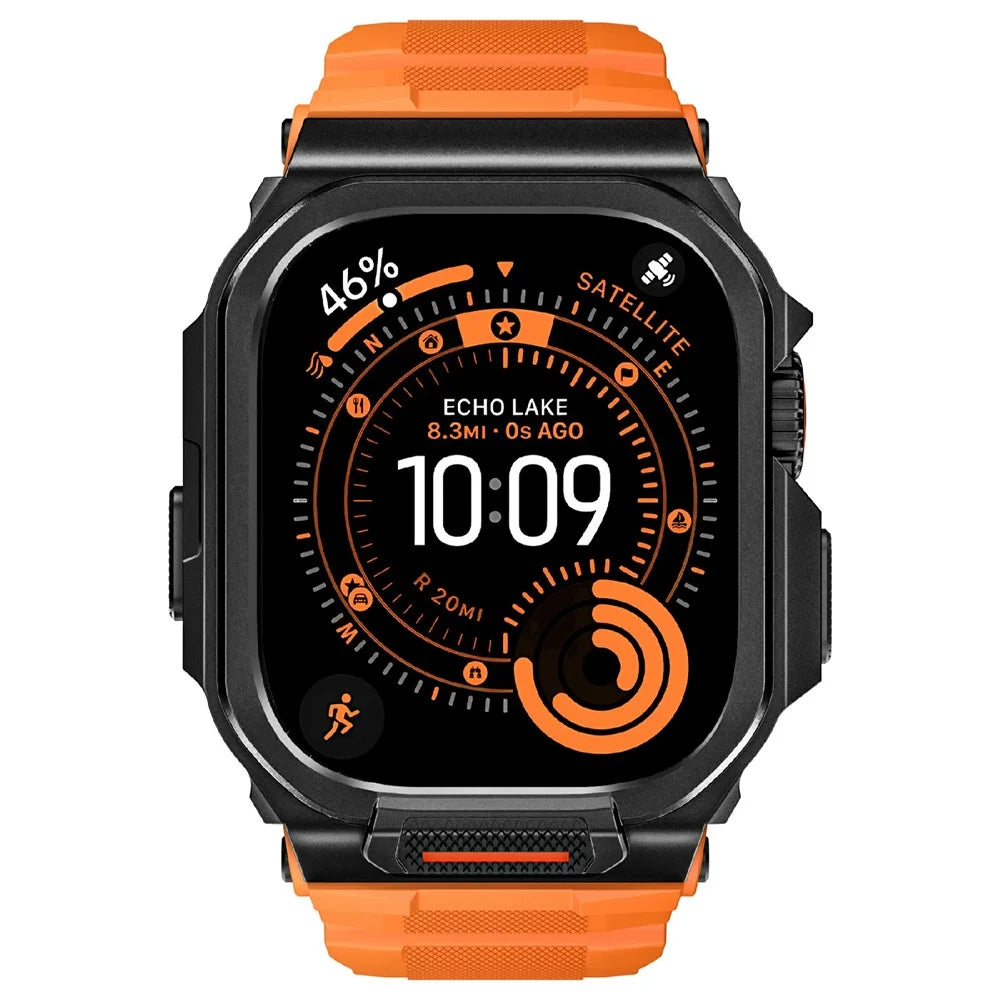 Silicone Band with Half Guard Case for Apple Watch Series 11 46mm Textured Replacement Watch Strap - Black Buckle / Orange - 3