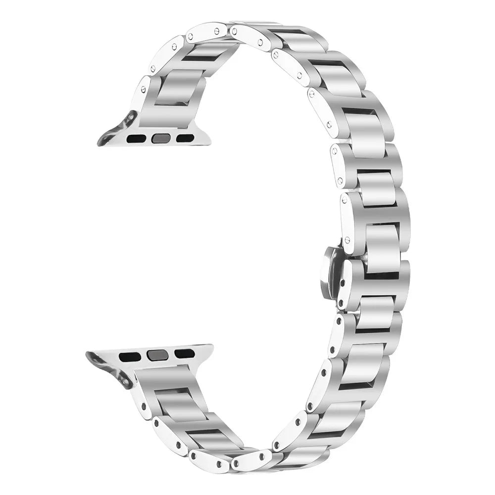 Watch Band For Apple Watch Series 11 10 42mm / 9 8 7 41mm / SE3 SE2 SE 6 5 4 40mm / 3 2 1 38mm Butterfly Clasp Stainless Steel Silver Strap - 1