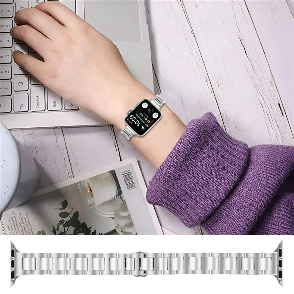 Watch Band For Apple Watch Series 11 10 42mm / 9 8 7 41mm / SE3 SE2 SE 6 5 4 40mm / 3 2 1 38mm Butterfly Clasp Stainless Steel Silver Strap - 3