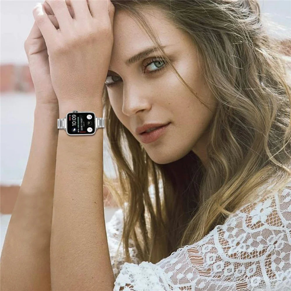 Watch Band For Apple Watch Series 11 10 42mm / 9 8 7 41mm / SE3 SE2 SE 6 5 4 40mm / 3 2 1 38mm Butterfly Clasp Stainless Steel Silver Strap - 4